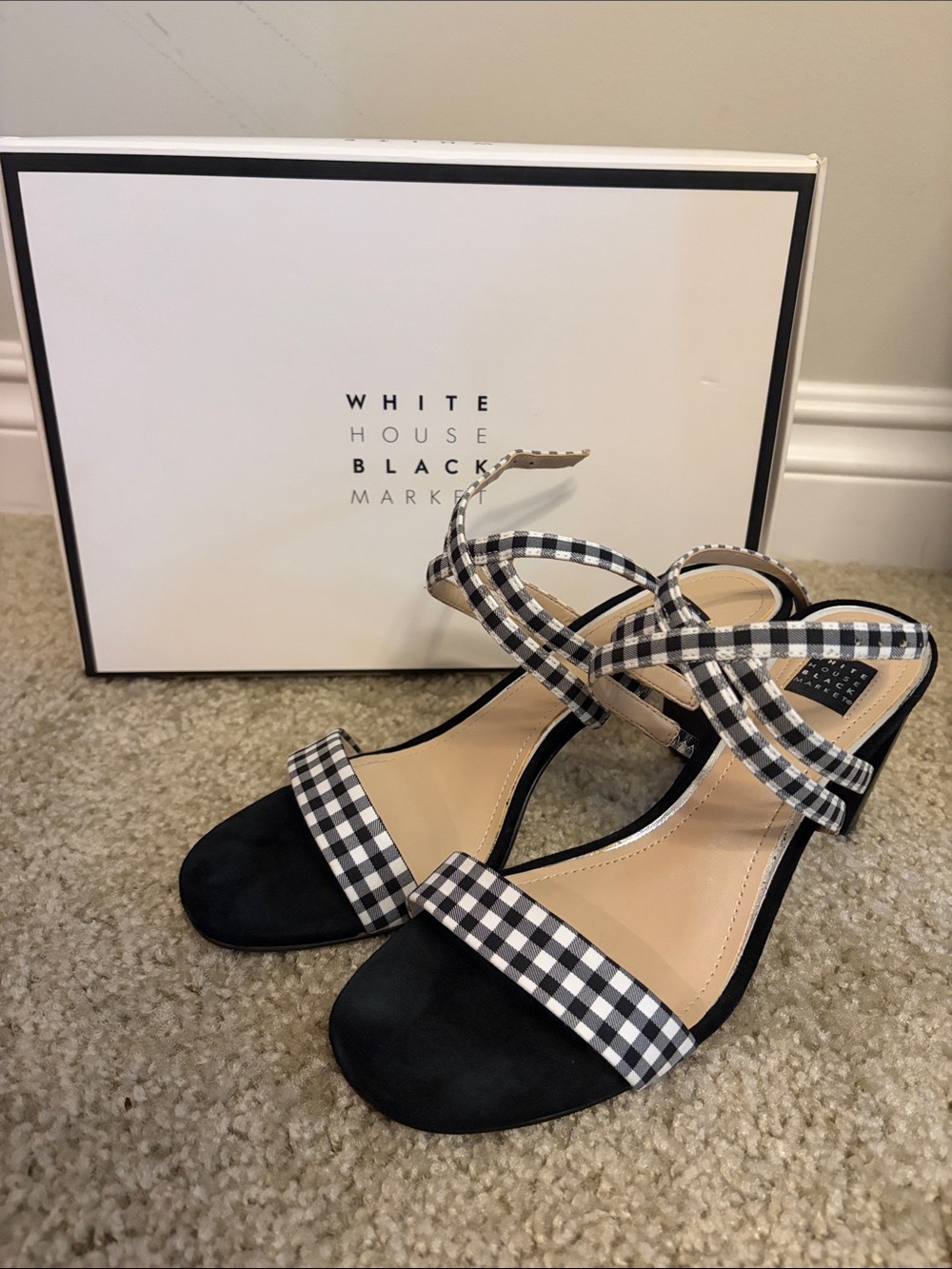 White House Black Market Black and White Gingham Ankle-Strap Heels